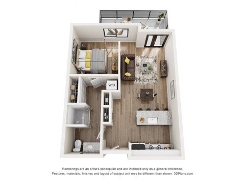 Floor plan for studio, 1 bath, 671 sqft